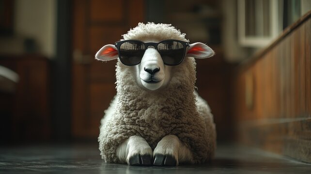 A fluffy sheep lounges indoors, looking charming in trendy sunglasses