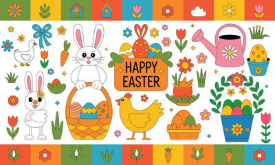 Fototapeta premium A bright, joyful illustration of Easter bunnies, eggs, and flowers, creating a festive spring scene.