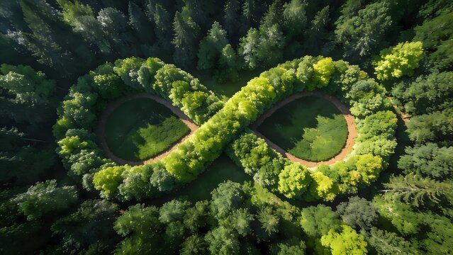Aerial view of a beautiful infinity symbol created naturally by lush green trees and a winding path within a serene forest landscape.