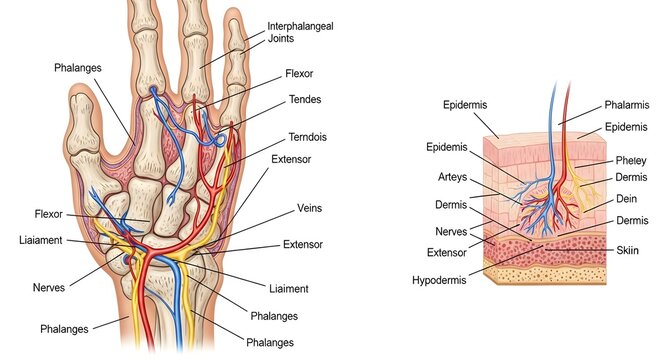 Hand vascular and nerve anatomy with accompanying skin cross‑section, illustrating arteries, veins, tendons, nerves, joints and epidermis&ndash;dermis&ndash;hypodermis layers, perfect for understanding circulatio