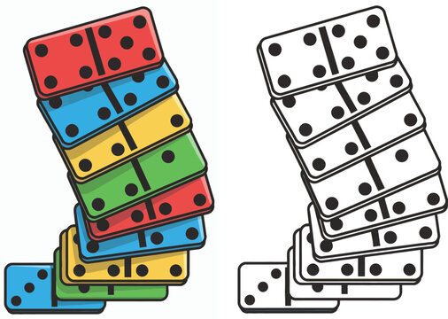 Leaning Stack of Vibrant Domino Tiles Flat Vector Illustration with Bold Black Outline and Monochrome Version Balance and Risk Concept on White Background