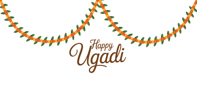 happy ugadi festival greeting design with traditional mango leaf toran garland decoration and elegant typography on minimal background