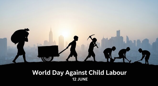 Children silhouettes against child labour on world day city skyline background june 12