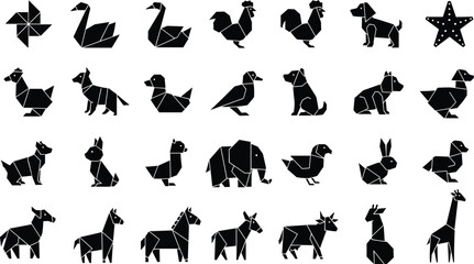 Origami animal icon set featuring geometric paper silhouettes of dogs, cats, birds, elephants, giraffes, rabbits, horses, and swans in a clean black minimalist style. © MDFiroj