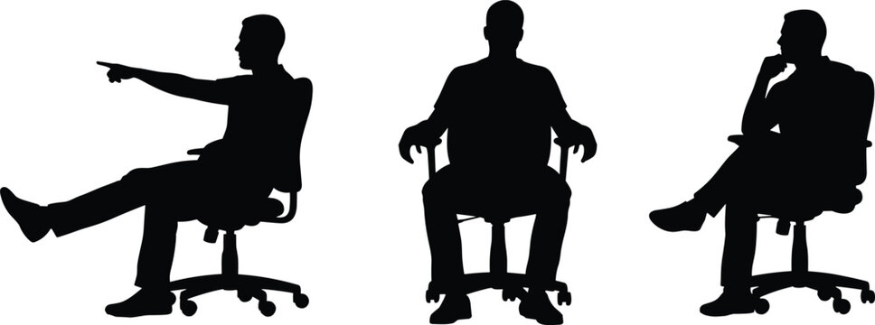 Black silhouette of men sitting in office chairs in different poses isolated on white background for business and professional design