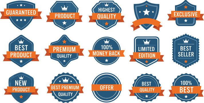 Premium Quality Badge and Marketing Seal Icon Set Featuring Guaranteed Product Highest Quality Best Seller Limited Edition and Money Back Guarantee Vector Labels for E-commerce