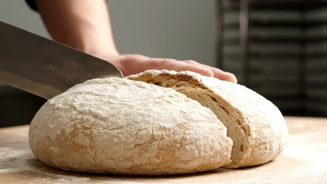 Close-up of a baker slicing a loaf of raw dough with a metal scraper. Hands dividing flour-dusted bread dough on a wooden surface. Bakery preparation process