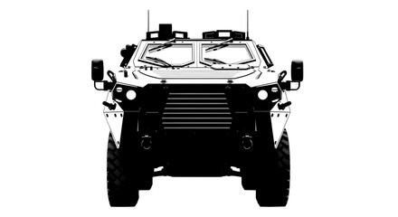 A black and white photograph of a vintage military jeep with a spotlight.