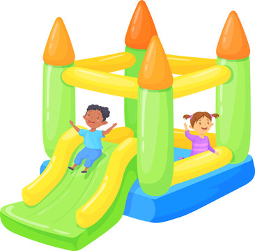 Kids play in bouncy castle. Outdoor park attraction