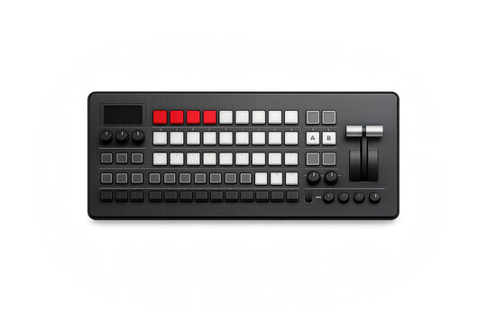 Realistic video switcher console with buttons and controls on gradient background