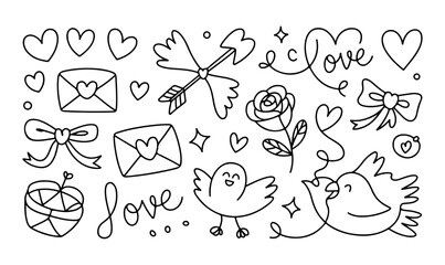 Whimsical Valentines Day doodle outline set