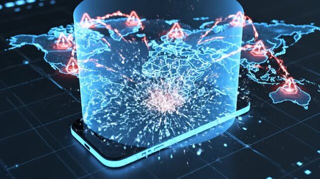 High tech smartphone projecting hologram of global cyberattack map with glowing warning icons and exploding data burst, glowing smartphone dark grid with holographic world map projection