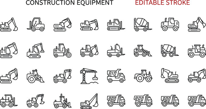 Heavy Construction Equipment Line Icon Set Featuring Excavators Bulldozers Forklifts Concrete Mixers Dump Trucks Cranes and Road Building Machinery Vector Illustratio