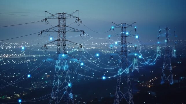 Modern city energy grid  electric power transmission lines with digital overlay for smart networks