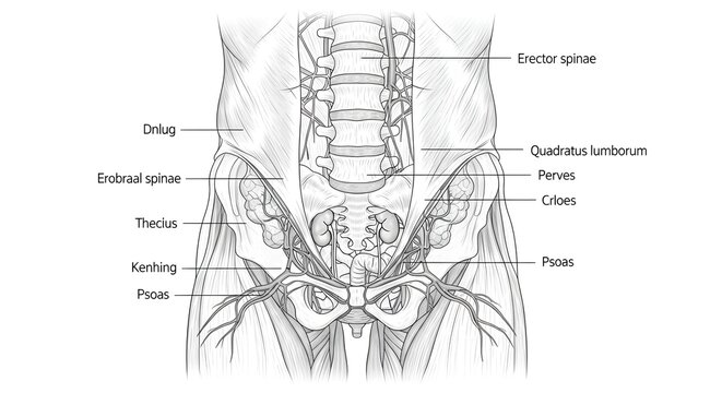 Posterior lower back and pelvic muscle anatomy illustration highlighting erector spinae, quadratus lumborum, psoas, thoracolumbar fascia and bony pelvis landmarks, ideal for biomechanics study, pain a