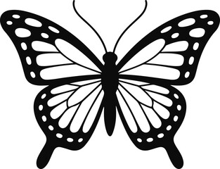 Elegant black silhouette of a monarch butterfly with intricate wing patterns isolated on transparent background © md