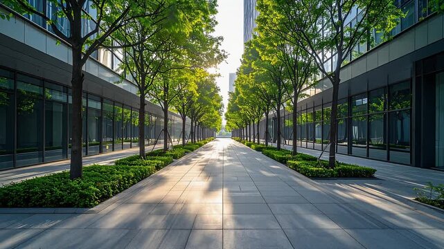 A modern building corridor with trees showing urban architecture and green walkway
