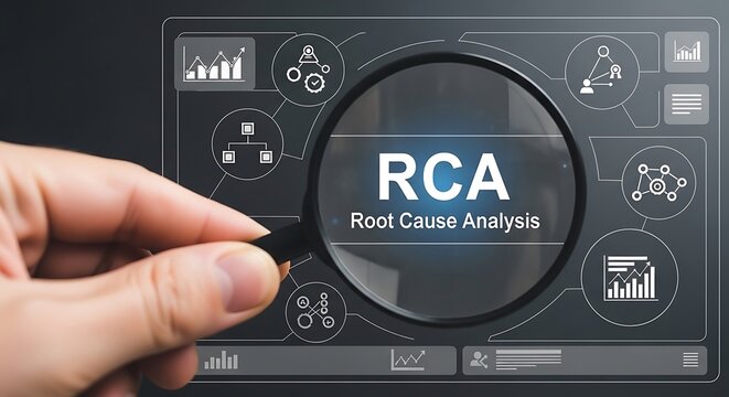 A hand interacting with a digital root cause analysis interface on a screen