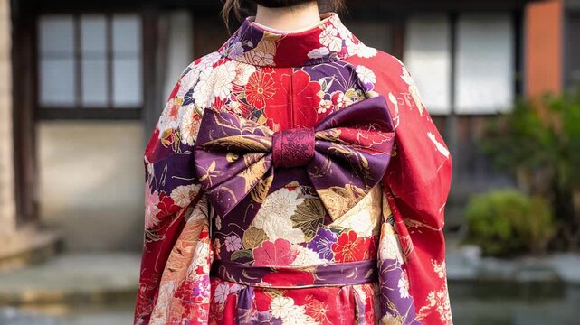 A close up of colorful kimono bow showing traditional Japanese garment detail