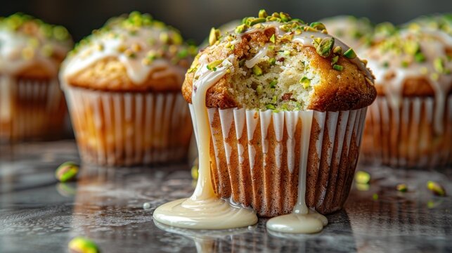 Soft pistachio muffins with sweet glaze invite you to indulge in their taste