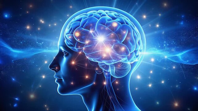 Blue glowing brain inside human head silhouette symbolizing digital mind and cognition
