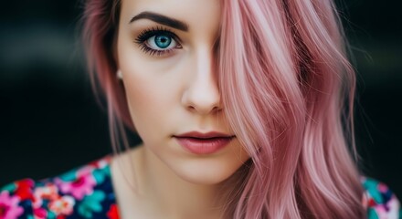 Fototapeta premium A young woman with pink hair and piercing blue eyes. Close-up, soft focus background
