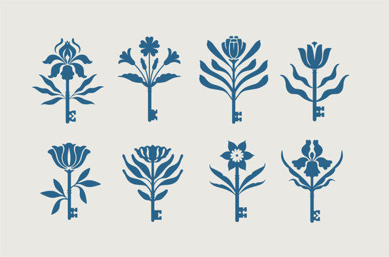 Keys and flowers botanical collection drawing in floral art style on with blue color on grey background