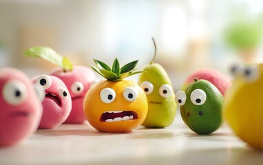 Mischievous Fruits Displaying Emotions in a Colorful and Playful Scene