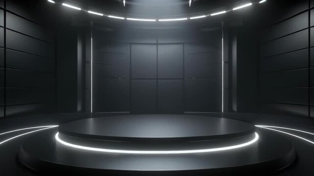Modern Dark Studio with Circular Stage and animated White Neon Lighting podium platform