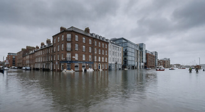 Flooded city street with residential brick buildings and modern architecture reflecting in high water levels under a grey sky