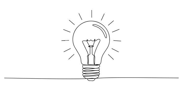 Continuous one line of a light bulb glowing with rays, drawn illustration.