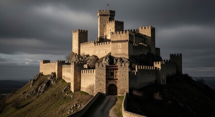 Obraz premium Ancient stone castle architecture overlooking the landscape under a dramatic, atmospheric cloudy sky