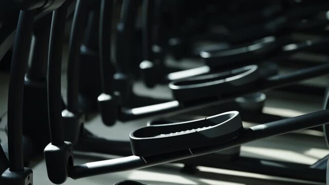 Close-up of aligned elliptical trainer pedals in a modern gym, rows of cardio machines casting shadows across the floor with black frames and textured footplates ready for use.