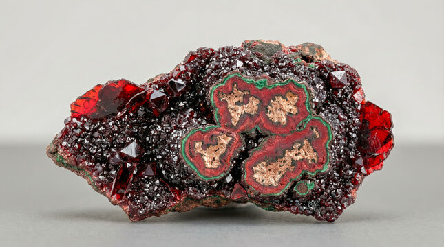 Ruby red cuprite crystals with malachite crusts and native copper inclusions in a matrix.