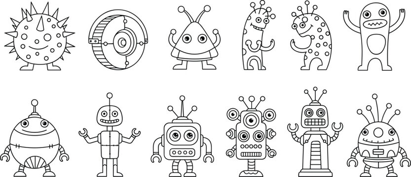 Collection of cute robot and alien monster line art icons featuring friendly cyborgs and space creatures in black and white for children coloring book design.