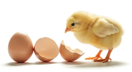 A newborn chick standing next to broken eggshells on a white background