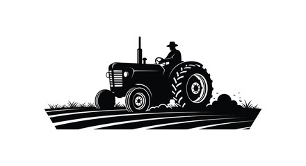 A vintage tractor with a farmer driving through a field depicted in a striking silhouette high quality professional © nhpvect02