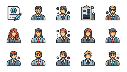 Fototapeta premium A set of colorful vector icons depicting business professionals and documents in a flat, minimalist style