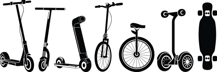 Urban micromobility vector set, electric scooters, kick scooters, folding e-scooters, hoverboards, unicycle and longboard silhouettes, modern personal transport icons collection ©  Alexander Creations