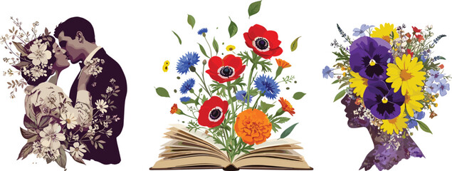 Floral silhouette illustration set featuring romantic couple, blooming flowers from open book, and woman profile portrait with botanical elements for artistic design use © Rakib 