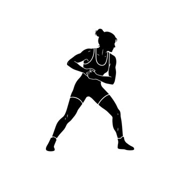 A professional black silhouette of a female wrestler wearing a singlet, positioned in an athletic combat stance. Ideal for sports, fitness branding, and martial arts graphics.