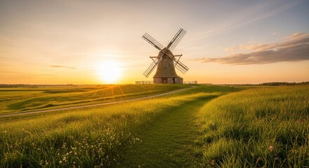 Naklejka premium Majestic Windmill Stands Tall Amidst Golden Hour Fields, Bathed in the Warm Glow of a Serene Sunset over the Idyllic Countryside