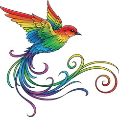 Obraz premium Vibrant Rainbow Bird Soaring Through Whimsical Swirling Patterns in Mid-Air