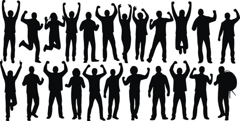 Celebrating people silhouettes set, happy cheering men raising hands in victory, success celebration isolated black vector illustration