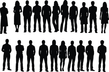 Black silhouettes of diverse people walking standing and carrying bags isolated on white background for architectural visualization urban street scenes and lifestyle design projects