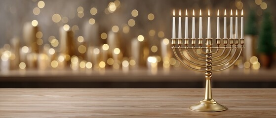 Fototapeta premium Celebration of Hanukkah with a gold menorah and warm bokeh lights in a cozy setting on a wooden table