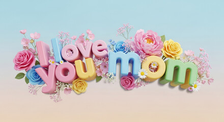 Naklejka premium Whimsical 3D text 'I love you mom' adorned with vibrant, multi-colored flowers and soft gradients, perfect for Mother's Day.