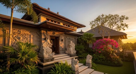 Fototapeta premium Luxurious Tropical Villa Entrance Bathed in Golden Hour Light at Serene Sunset
