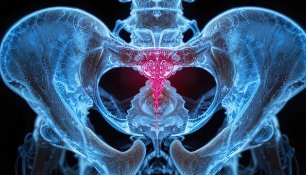Detailed X-ray of pelvis showing highlighted coccyx area