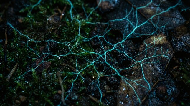 A surreal and moody background showing intricate, glowing cyan and green fractal lines resembling roots, mycelium networks, or electrical synapses spreading across dark, textured ground